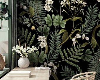 Dark Botanical Wallpaper, Peel and Stick Wallpaper Vintage, Leaves Wallpaper, Botanical Plants Wall Mural, Removable Wallpaper, High Quality