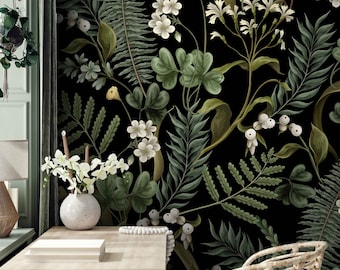 Dark Botanical Wallpaper, Peel and Stick Wallpaper Vintage, Leaves Wallpaper, Botanical Plants Wall Mural, Removable Wallpaper, High Quality