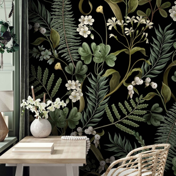 Dark Botanical Peel and Stick Wallpaper: Vintage Leaves Wall Mural