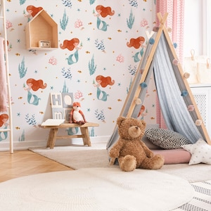 Cute Mermaid Kids Room Wallpaper, Watercolor Underwater Nursery Kids Wallpaper, Girls Room Decor, Peel and Stick, Removable Self Adhesive