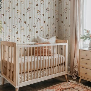 Neutral Boho Beige Kids Wallpaper, Peel and Stick, Minimalist Cones and Leaves Wall Mural, Watercolor Nursery Removable Self Adhesive Mural