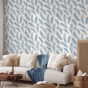 Neutral Watercolor Leaves Wallpaper, Peel and Stick, Blue Leaf Removable Wallpaper, Paper Texture Background, Peel and Stick, Self Adhesive