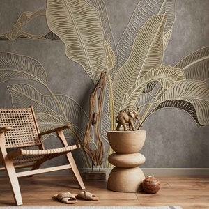 Tropical Exotic Leaves with Grunge Texture Wallpaper, Big Palm Leaves Wall Mural, Peel and Stick, Self Adhesive Removable