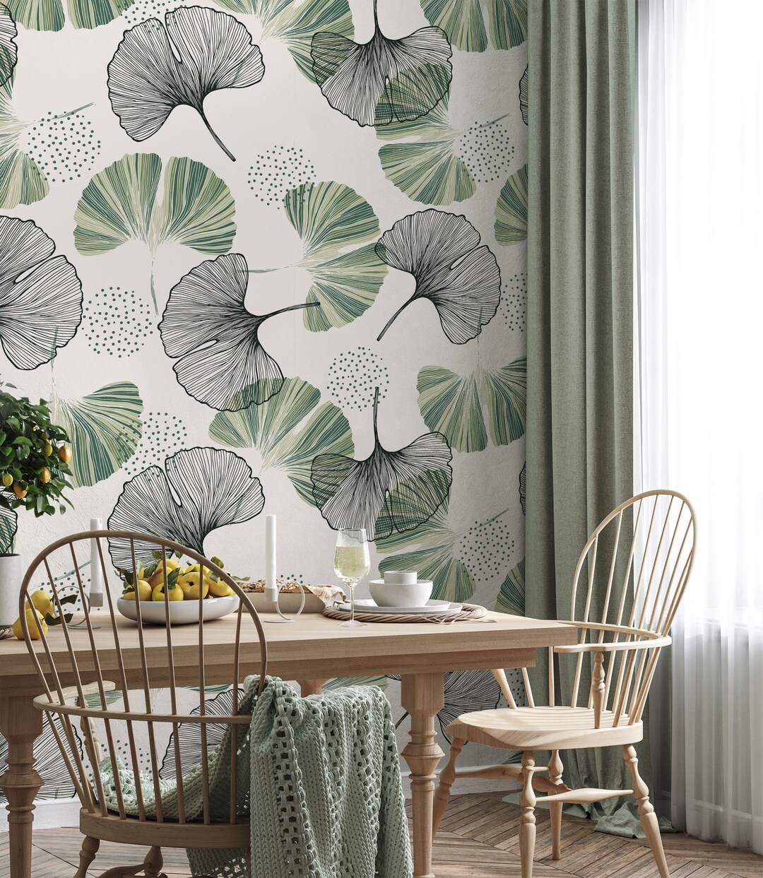 Gingko Leaves Line Art Wallpaper, Gingko Leaf Wall Mural, Farmhouse