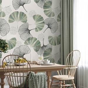 Gingko Leaves Line Art Wallpaper, Gingko Leaf Wall Mural, Farmhouse Botanical Mural, Self Adhesive, Peel & Stick, Removable Wallpaper