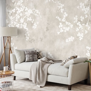 Neutral Boho Beige Floral Wallpaper, Muted Minimalist Wall Mural, In Light Tones Wallpaper, Peel and Stick, Self Adhesive Removable