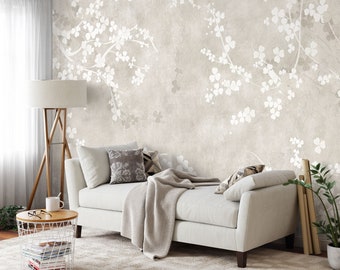 Neutrale Boho Beige Florale Tapete, gedecktes minimalistisches Wandbild, in hellen Tönen Tapete, abziehen und aufkleben, selbstklebend abnehmbar