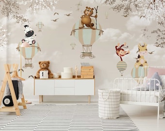 Animals in Hot Air Balloons Kids Wallpaper: Peel and Stick Nursery Wall Mural