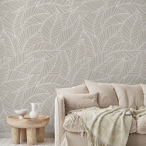 Linen Color Botanical Foliage Wallpaper, Modern Beige & White Leaf Peel and Stick Wallpaper, Neutral Minimal Removable Self Adhesive