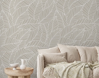 Linen Botanical Leaf Wallpaper: Beige & White Peel and Stick