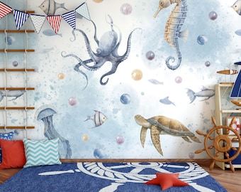 Watercolor Sea World Mural: Peel and Stick Undersea Wallpaper