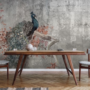 Watercolor Peacock Wall Mural, Peacock with Floral Removable Wallpaper, Chinoiserie Wallpaper Peel and Stick, Adhesive Peacock Wallpaper