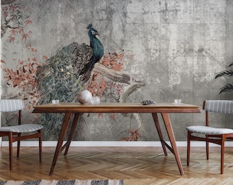 Peacock Floral Wallpaper Mural: Chinoiserie Peel and Stick