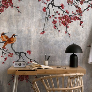 Chinoiserie Wallpaper, Red Flowers and Birds Vintage Wall Mural, Tree Branch Wallpaper, Peel and Stick Wall Mural, Removable Wallpaper Mural