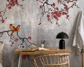Chinoiserie Wallpaper: Red Flowers and Birds, Vintage Mural (Peel and Stick)