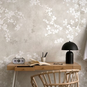 Neutral Boho Beige Floral Wallpaper, Muted Minimalist Wall Mural, In Light Tones Wallpaper, Peel and Stick, Self Adhesive Removable afbeelding 5