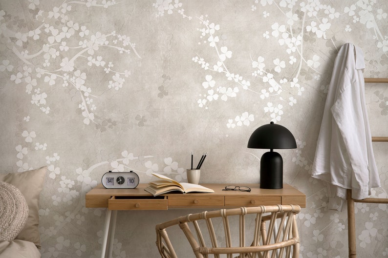 Neutral Boho Beige Floral Wallpaper, Muted Minimalist Wall Mural, In Light Tones Wallpaper, Peel and Stick, Self Adhesive Removable afbeelding 5