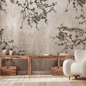 Chinoiserie Wallpaper Peel and Stick, Soft Brown Background Wall Mural, Chinese Trees and Birds Wallpaper, Removable Self Adhesive Mural