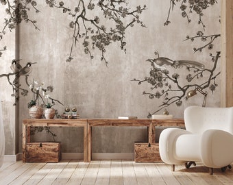 Chinoiserie Wallpaper Peel and Stick, Soft Brown Background Wall Mural, Chinese Trees and Birds Wallpaper, Removable Self Adhesive Mural