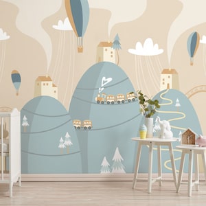 Kids Wallpaper Peel and Stick, Mountain Nursery Wall Mural, Hot Air Balloons Wallpaper, Easy Removable Self Adhesive Kids Wallpaper