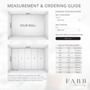 Peut inclure: Un guide pour mesurer et commander du papier peint. Le guide comprend des instructions pour choisir le mat&eacute;riau et la taille du papier peint, ainsi qu'un tableau indiquant la taille du papier peint en pouces, en pieds et en centim&egrave;tres.