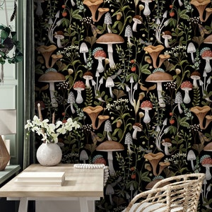 Dark Mushroom Wallpaper: Vintage Botanical Peel and Stick Mural