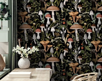 Dark Mushroom Wallpaper: Vintage Botanical Peel and Stick Mural