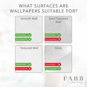 Peut inclure: Un tableau indiquant les surfaces adapt&eacute;es aux papiers peints traditionnels et autocollants. Le tableau montre que les papiers peints traditionnels conviennent aux murs lisses, aux murs semi-textur&eacute;s et aux murs textur&eacute;s. Les papiers peints autocollants conviennent aux murs lisses et aux surfaces en verre.
