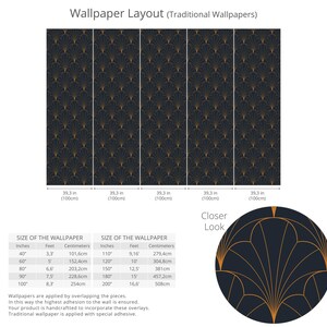 K&ouml;nnte beinhalten: Ein Diagramm, das zeigt, wie man traditionelle Tapete anbringt. Das Bild zeigt f&uuml;nf Tapetenbahnen mit einem geometrischen Muster in Gold und Schwarz. Die Bahnen sind 39,3 Zoll (100 cm) breit. Das Bild enth&auml;lt auch eine Tabelle, die die Gr&ouml;&szlig;e der Tapete in Zoll, Fu&szlig; und Zentimetern angibt.