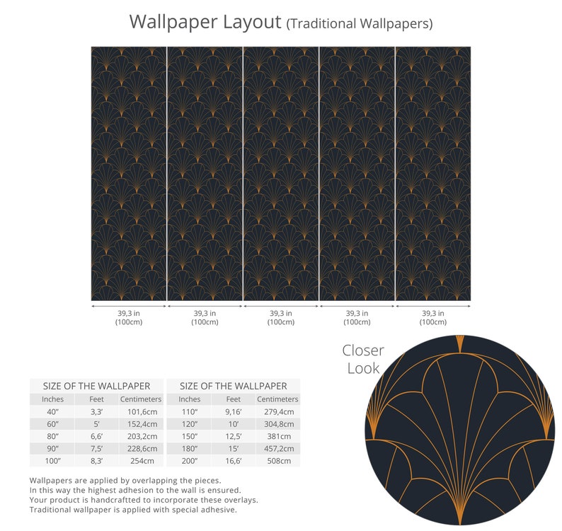K&ouml;nnte beinhalten: Ein Diagramm, das zeigt, wie man traditionelle Tapete anbringt. Das Bild zeigt f&uuml;nf Tapetenbahnen mit einem geometrischen Muster in Gold und Schwarz. Die Bahnen sind 39,3 Zoll (100 cm) breit. Das Bild enth&auml;lt auch eine Tabelle, die die Gr&ouml;&szlig;e der Tapete in Zoll, Fu&szlig; und Zentimetern angibt.