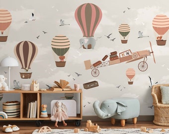 Kids Wallpaper Peel and Stick, Hot Air Balloon Wall Mural, Airplane Wallpaper, Boho Wallpaper Kids, Flying Cute Animals Wallpaper