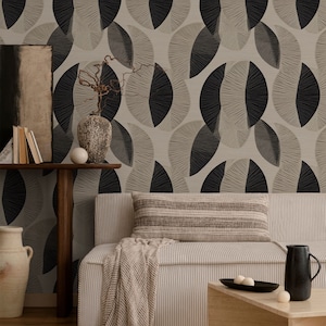 Neutral Bohemian Abstract Shapes Wallpaper, Hand drawn Leaves Wall Mural, Peel and Stick, Beige Scandinavian Design, Removable Self Adhesive