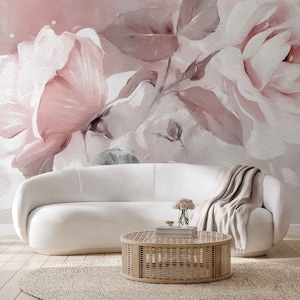 Soft Pink Abstract Roses Wallpaper, Floral Wallpaper Peel and Stick, Removable Wallpaper, Watercolor Wallpaper, Flower Wallpaper Mural