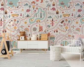 Cartoon Cars Trains and Road Wallpaper, Peel and Stick Wallpaper, Nursery Wallpaper, Educational Wall Mural, Baby Wall Decor, Kids Wallpaper