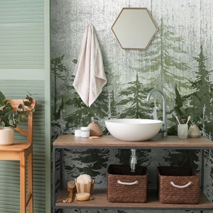 Watercolor Forest Silhouette Wallpaper, Trees Art Drawing on a Textural Background, Nature Peel and Stick, Removable Self Adhesive Mural
