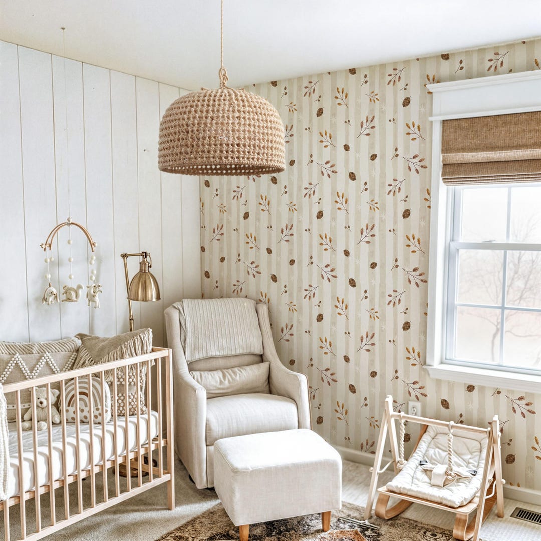 Neutral Boho Nursery Wallpaper: Beige Cones & Leaves, Peel and Stick ...