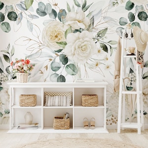 Floral Wallpaper Peel and Stick, Watercolor Soft Roses Flower Wall Mural, White Flower Wall Mural, Botanical Removable Mural, Self Adhesive