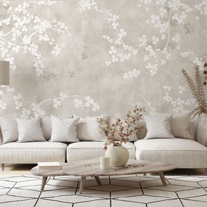 Neutral Boho Beige Floral Wallpaper, Muted Minimalist Wall Mural, In Light Tones Wallpaper, Peel and Stick, Self Adhesive Removable afbeelding 7