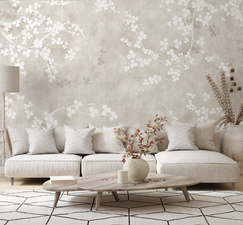 Neutral Boho Beige Floral Wallpaper, Muted Minimalist Wall Mural, In Light Tones Wallpaper, Peel and Stick, Self Adhesive Removable afbeelding 7