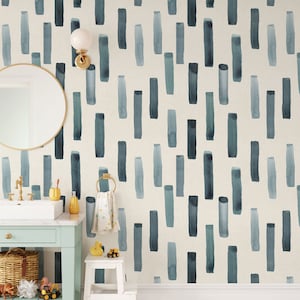 White and Blue Bohemian Wallpaper, Blue Lines Wall Mural,Abstract Minimal Design, Self Adhesive Wall Mural, Traditional Peel and Stick