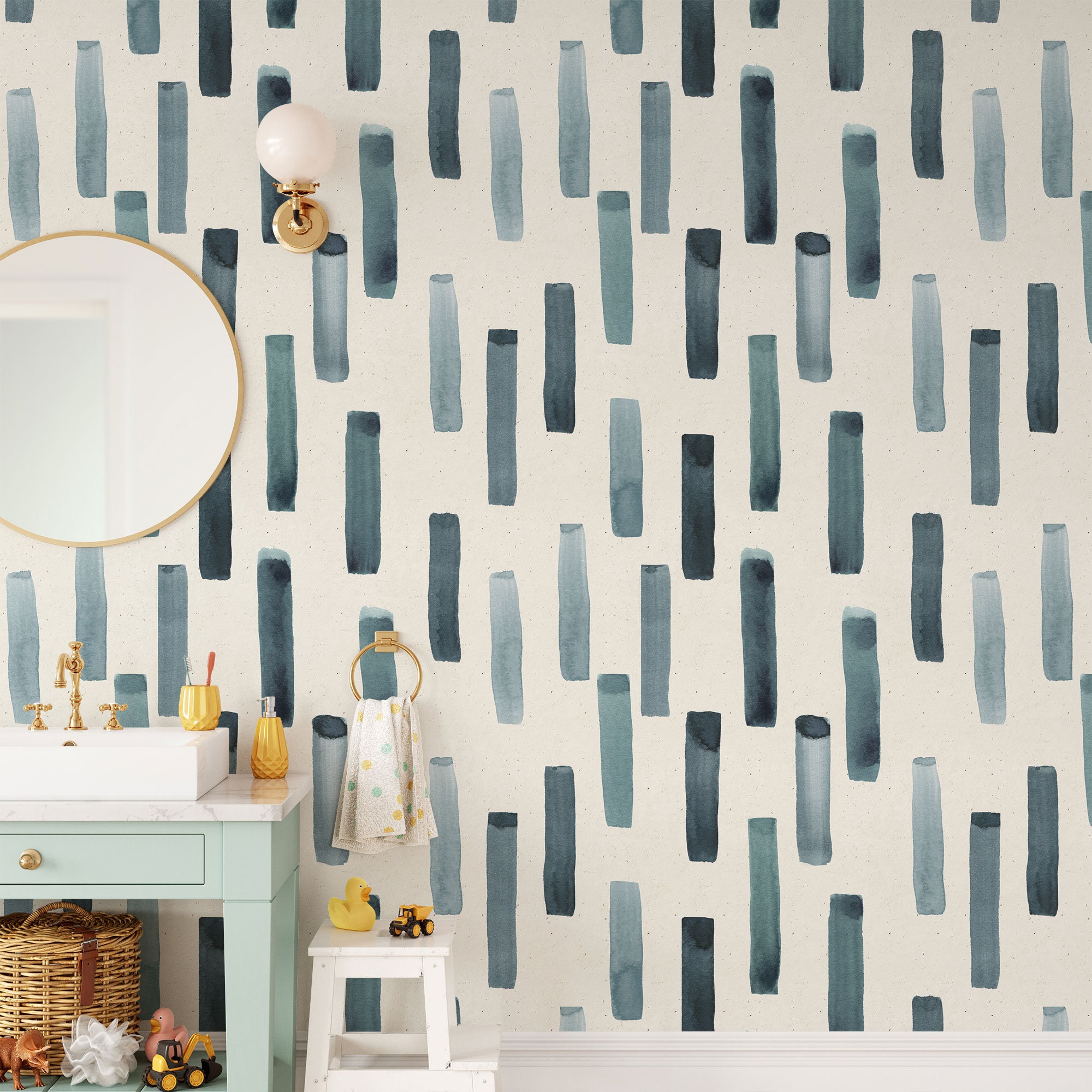 White and Blue Bohemian Wallpaper, Blue Lines Wall Mural,Abstract Minimal Design, Self Adhesive Wall Mural, Traditional Peel and Stick