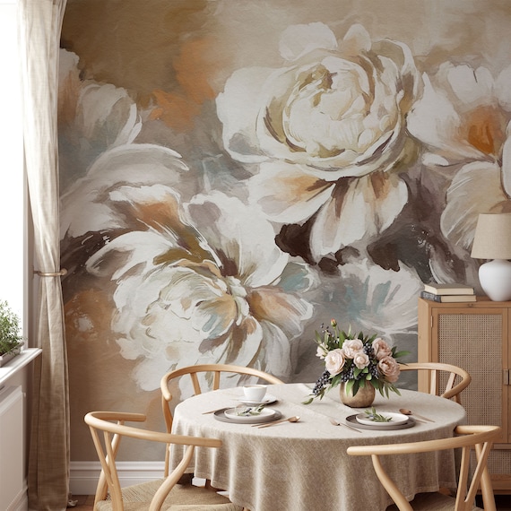 Abstract Roses Floral Peel and Stick Wallpaper, Neutral Oil Painting Flower Wall Mural