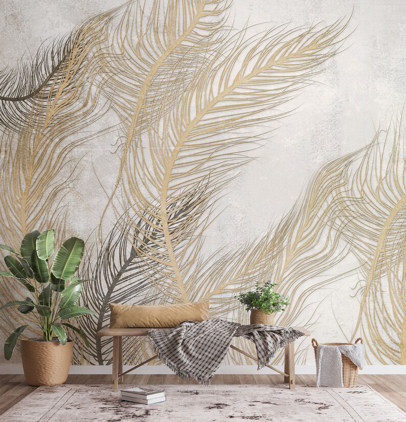 Neutral Leaves Wallpaper Soft Tropical Leaves Wall Mural Etsy