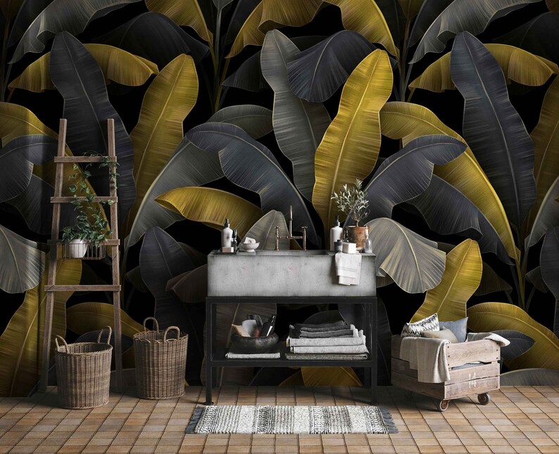 Dark Tropical Leaf Wallpaper – Peel and Stick Removable Wall Mural - Etsy