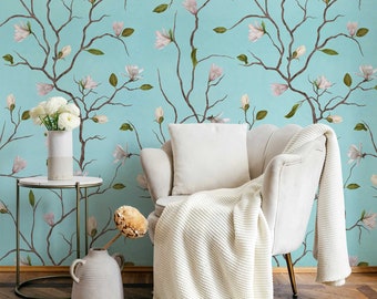 Magnolia Floral Wallpaper: Turquoise Chinoiserie Peel and Stick Mural