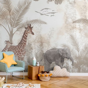 Cute Animals Wallpaper for Kids Rooms, Kids Wallpaper Peel and Stick, Vintage Safari Animals Mural, Nursery Wall Decal, Removable Wallpaper