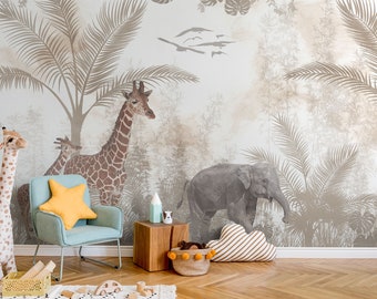 Cute Animals Wallpaper for Kids Rooms, Kids Wallpaper Peel and Stick, Vintage Safari Animals Mural, Nursery Wall Decal, Removable Wallpaper