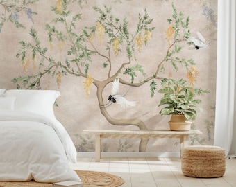 Chinoiserie Wallpaper Peel and Stick, Asian Wallpaper, Tree Wall Mural, Removable Wallpaper, Wallpaper With Birds and Flowers, Self Adhesive