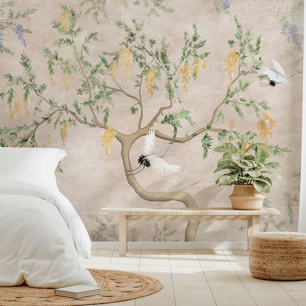 Chinoiserie Peel and Stick Wallpaper: Birds, Flowers, Asian Tree Mural