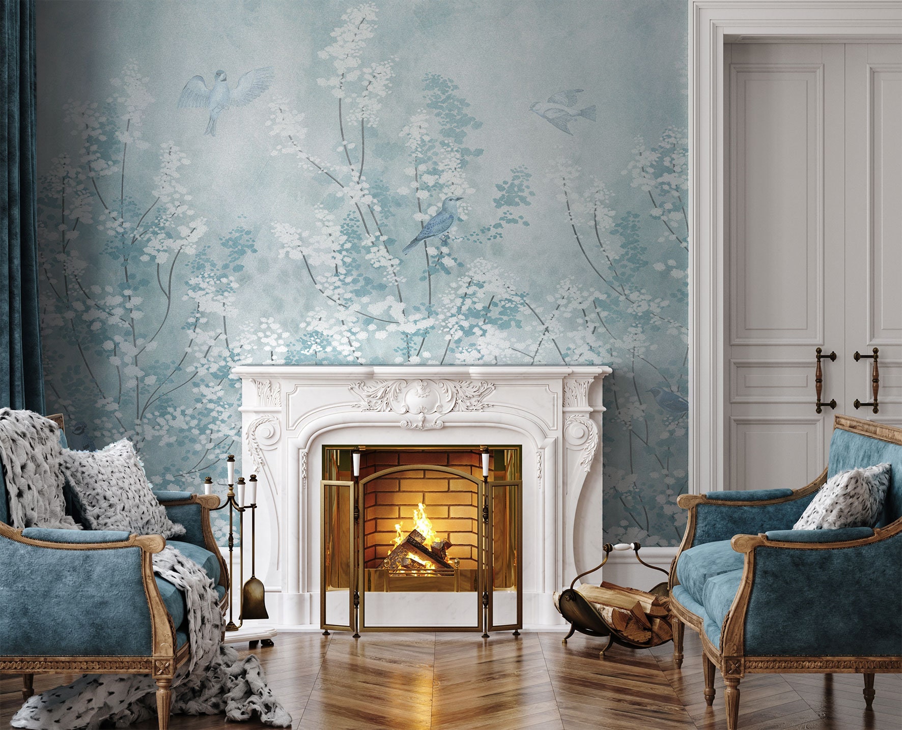 Blue Chinoiserie Wallpaper: Birds & Blossoms, Peel and Stick Mural - Etsy